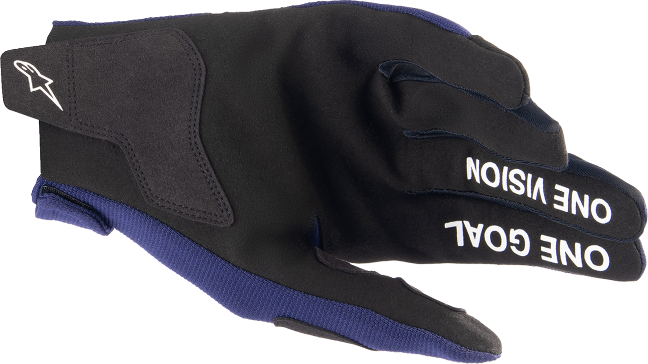 Alpinestars Radar Gloves in Night Navy and White, large size, showing protective motorcycle glove with padded knuckles and adjustable wrist strap.