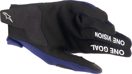 Alpinestars Radar Gloves in Night Navy and White, 2XL, showing the motorcycle riding gloves with padded knuckles and adjustable wrist strap.