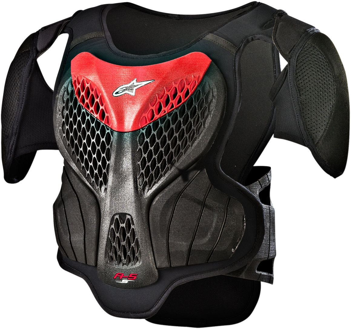 Alpinestars Youth A-5s black and red body armor protective gear, size S/M, designed for motocross or off-road riding.