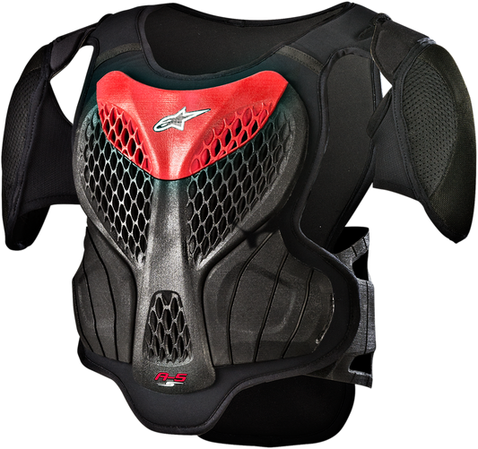 Alpinestars Youth A-5s black and red body armor protective gear, size S/M, designed for motocross or off-road riding.