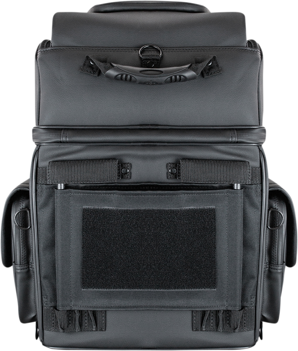 Black SADDLEMEN BR3400D Sissy Bar Bag on motorcycle seat, designed for secure storage, by Bill's Exhausts.