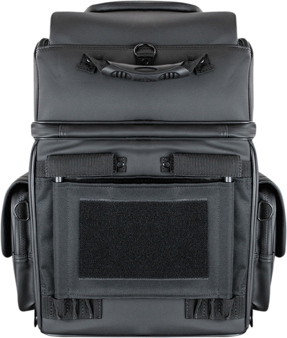 Black SADDLEMEN BR3400D Sissy Bar Bag on motorcycle seat, designed for secure storage, by Bill's Exhausts.