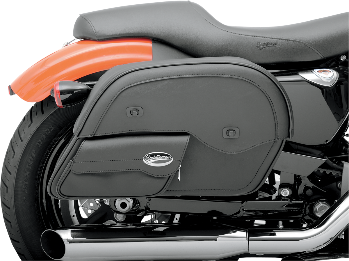 Bill's Exhausts Saddlemens Cruis'n Slant Face Pouch Saddlebags on motorcycle seat, featuring jumbo size and durable design.