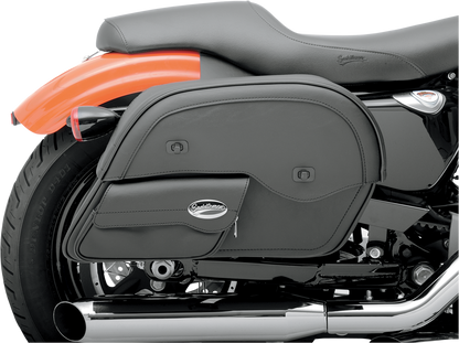 Bill's Exhausts Saddlemens Cruis'n Slant Face Pouch Saddlebags on motorcycle seat, featuring jumbo size and durable design.