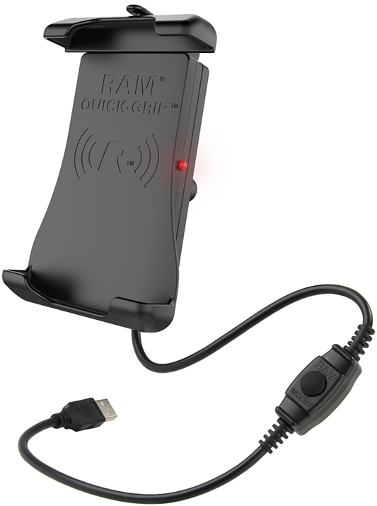 Wireless RAM MOUNTS Device Holder for engines, waterproof quick-grip charging holder by Bill's Exhausts.