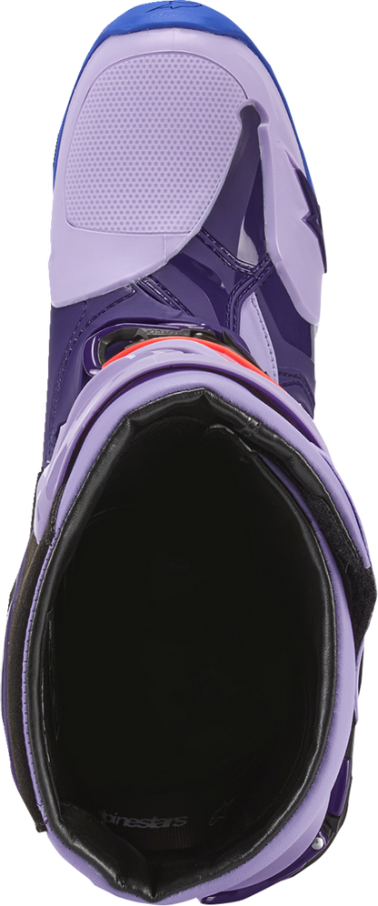 Alpinestars Tech 10 motorcycle riding boots in Laser Purple with US size 9, featuring protective design and sturdy construction.