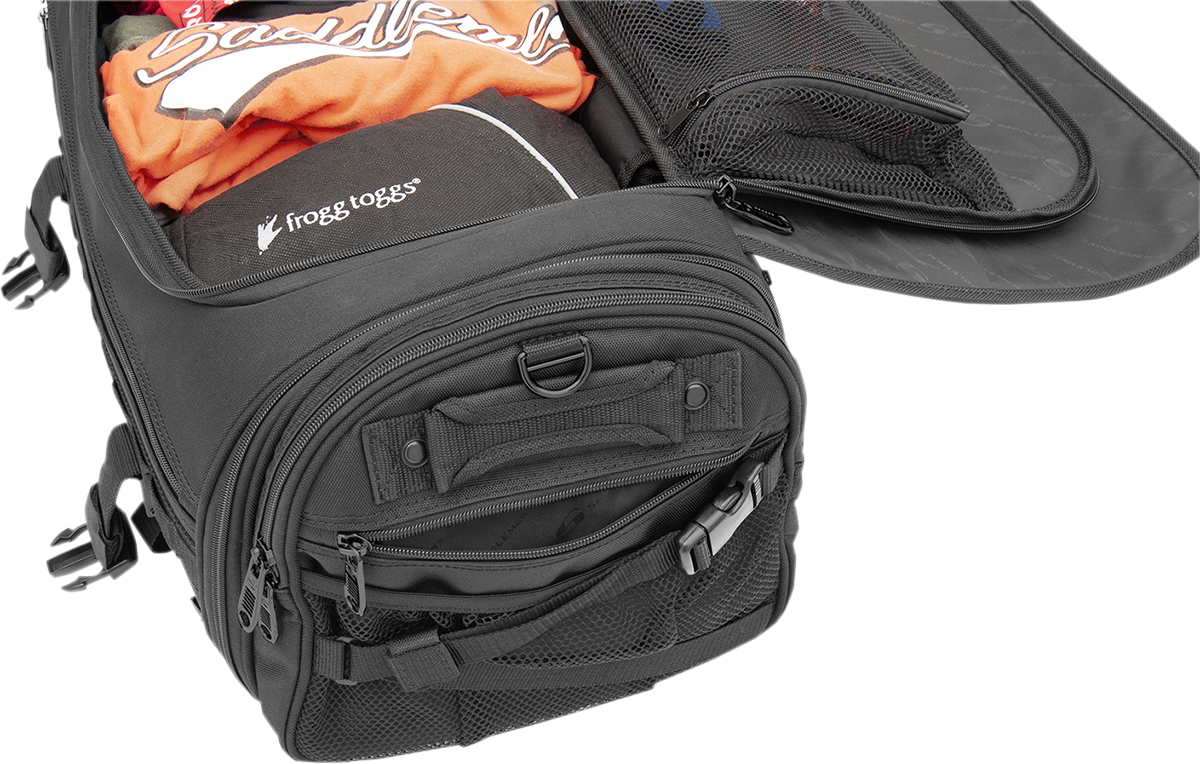 Bill's Exhausts SADDLEMEN TR3300 Tactical Deluxe Rack Bag seat with durable fabric and adjustable straps for motorcycle storage.