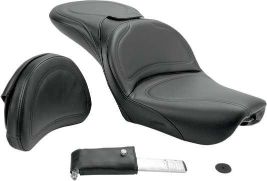 Black SADDLEMEN Explorer seat with stitched design and backrest for FXDWG 2004-2005 motorcycle, featuring a comfortable, custom fit.