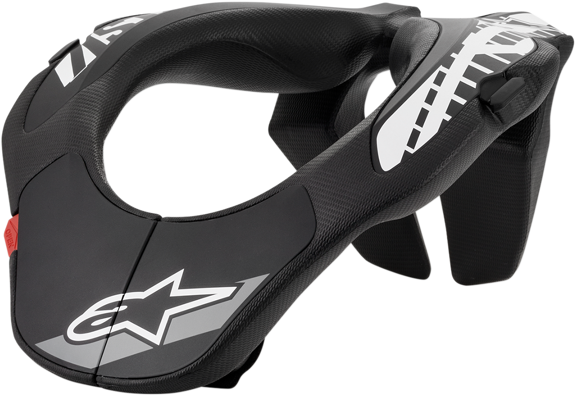 Alpinestars youth neck support in black and white, helmet accessory for motorcycle safety, one size, protective gear for young riders