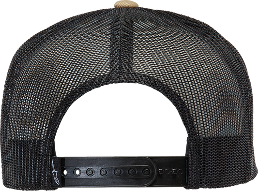 Bill's Exhausts ALPINESTARS Corp Trucker Hat in sand and black, featuring a branded logo and adjustable fit.