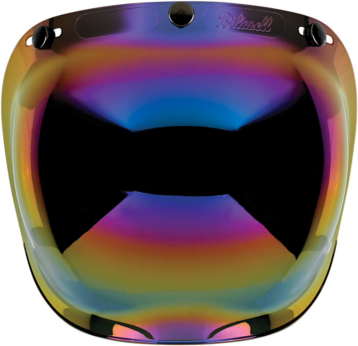 Rainbow mirror bubble shield for Biltwell helmets, with reflective rainbow tint and clear visor, designed for Biltwell Bubble Helmets.
