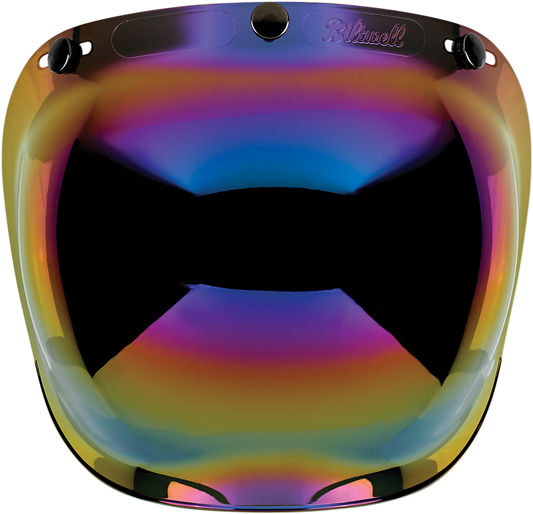 Rainbow mirror bubble shield for Biltwell helmets, with reflective rainbow tint and clear visor, designed for Biltwell Bubble Helmets.