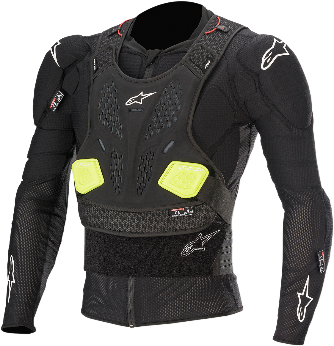 Alpinestars Bionic Pro v2 motorcycle jacket in black and yellow, small size, featuring protective armor and adjustable straps.