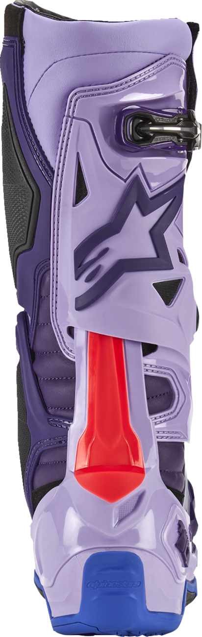 Alpinestars Tech 10 motorcycle riding boots in laser purple, US size 9, featuring protective design and durable construction.