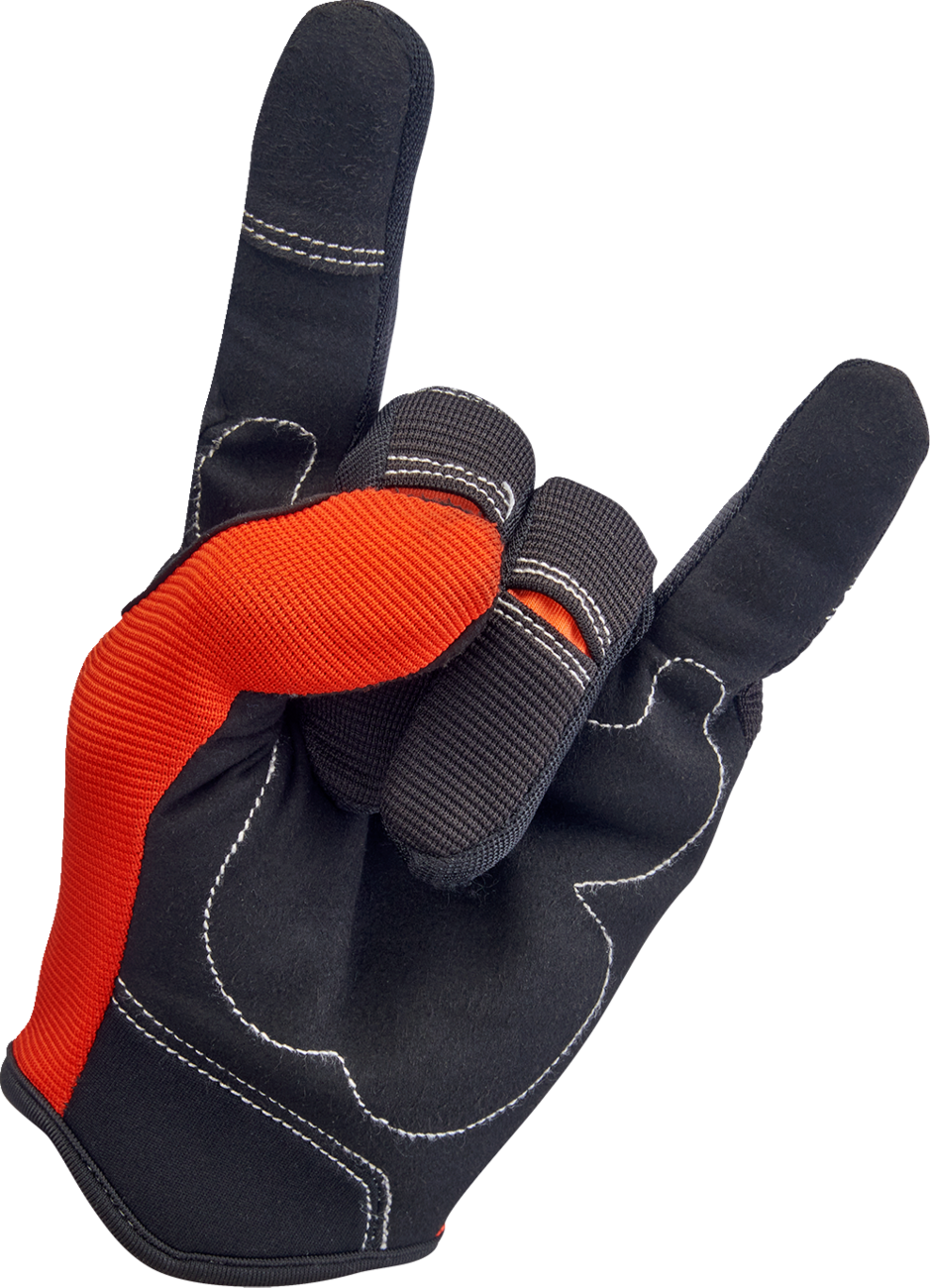 BILTWELL Moto Gloves in orange and black, small size, featuring padded knuckles and adjustable wrist straps for motorcycle riding.