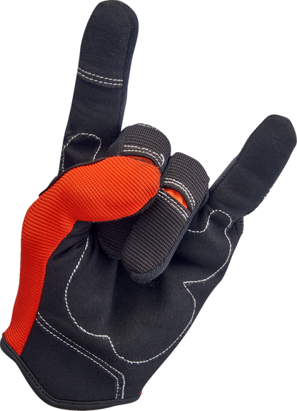 BILTWELL Moto Gloves in orange and black, small size, featuring padded knuckles and adjustable wrist straps for motorcycle riding.