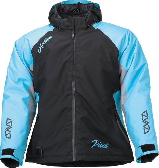 Black ARCTIVA Women's Pivot 5 Hooded Jacket by Bill's Exhausts, front view showing hood, zipper, and quilted design in size XL.