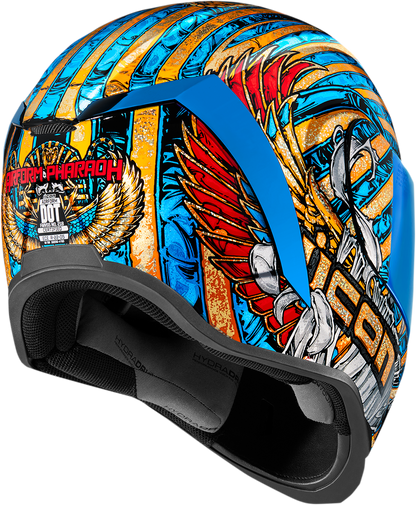 Bill's Exhausts ICON Airform™ Pharaoh Gold helmet in large size, featuring a sleek helmet design with Pharaoh-themed graphics.