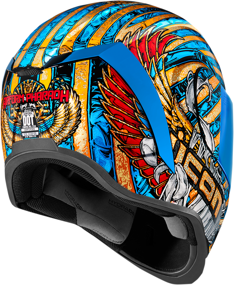 Bill's Exhausts ICON Airform™ Pharaoh Gold XL helmet with detailed Egyptian-inspired design and sleek safety shell.