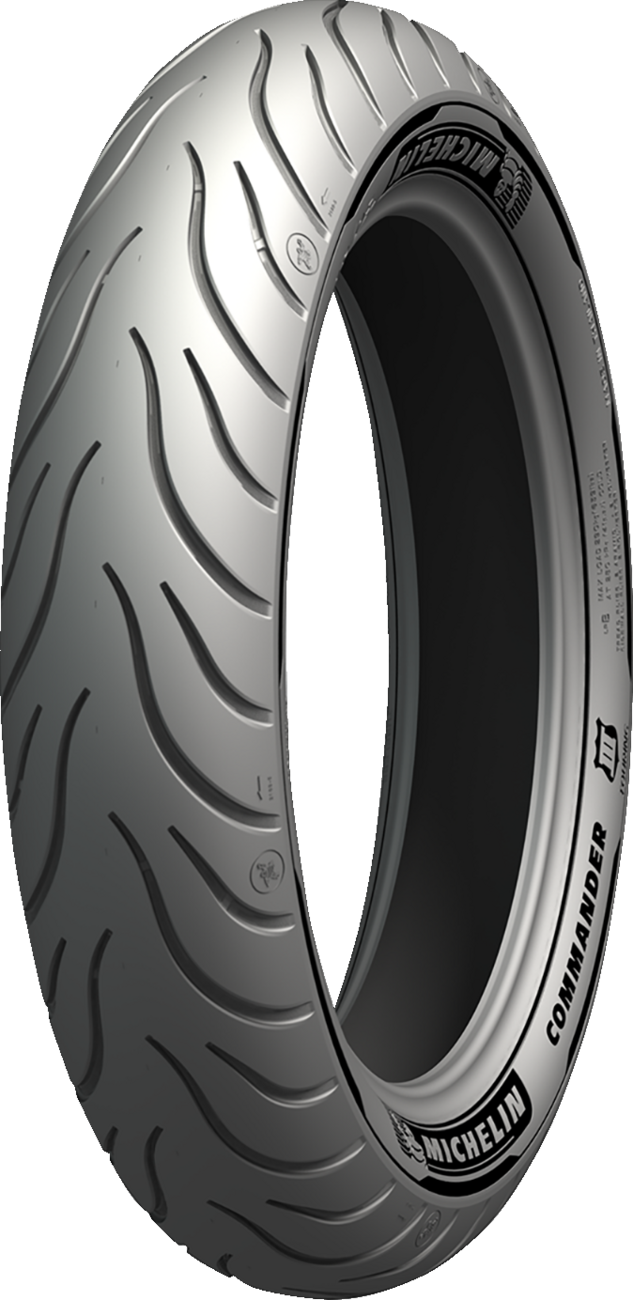 Michelin Commander III front motorcycle tire 120/70B21 with 68H rating, showing tread pattern and sidewall branding.