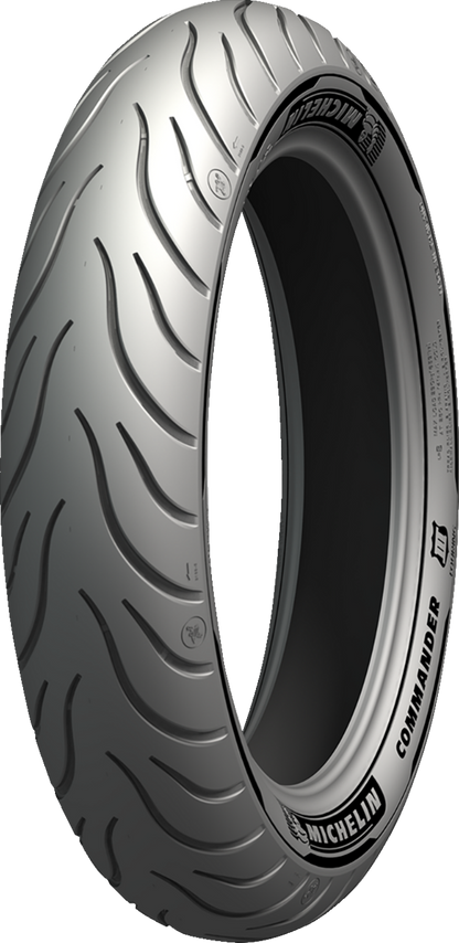 Michelin Commander III front motorcycle tire 120/70B21 with 68H rating, showing tread pattern and sidewall branding.