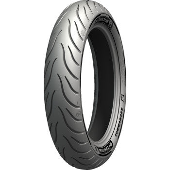 Michelin Commander III Touring front motorcycle tire 130/80B17 65H with tread pattern, mounted on wheel, in a neutral setting.