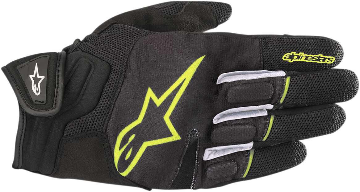 Alpinestars Atom gloves in black and fluo yellow, 2XL size, showing protective padding and sporty design for motorcycle riding.