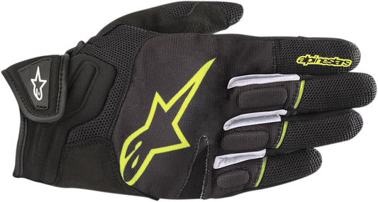 Alpinestars Atom gloves in black and fluo yellow, 2XL size, showing protective padding and sporty design for motorcycle riding.