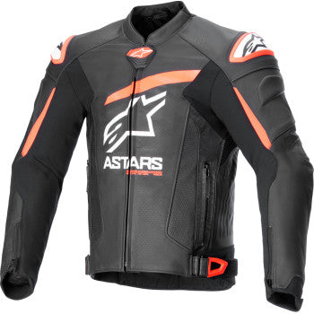 Alpinestars GP Plus R v4 Airflow leather motorcycle jacket in black, red, and white, with visible protective armor, size US 40.