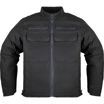 Black ICON Mototanker™ jacket in 2XL, featuring rugged design and durable fabric, displayed on a hanger.