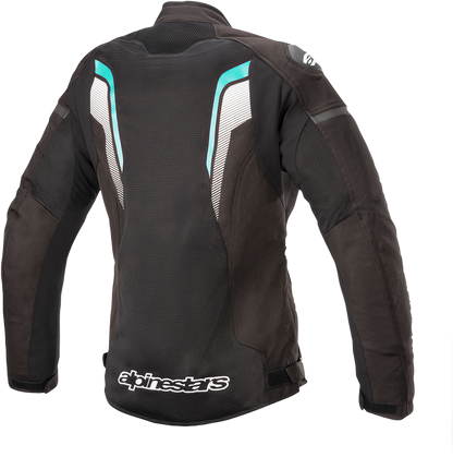 Alpinestars Stella T-GP Plus R v3 Air motorcycle jacket in black, white, and teal, size large, with protective armor visible.