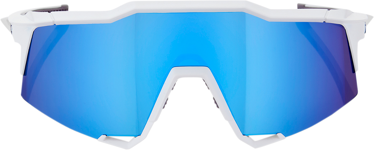 Bill's Exhausts 100% Speedcraft sunglasses in white with blue mirror lenses, featuring sleek sporty design and stylish frame.