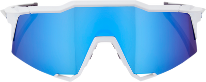 Bill's Exhausts 100% Speedcraft sunglasses in white with blue mirror lenses, featuring sleek sporty design and stylish frame.