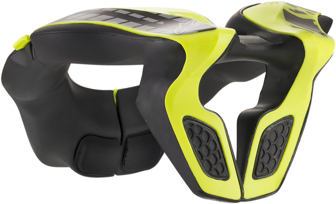 Alpinestars youth neck support in black and yellow fluo, helmet parts designed for safety and comfort, one size fits most.