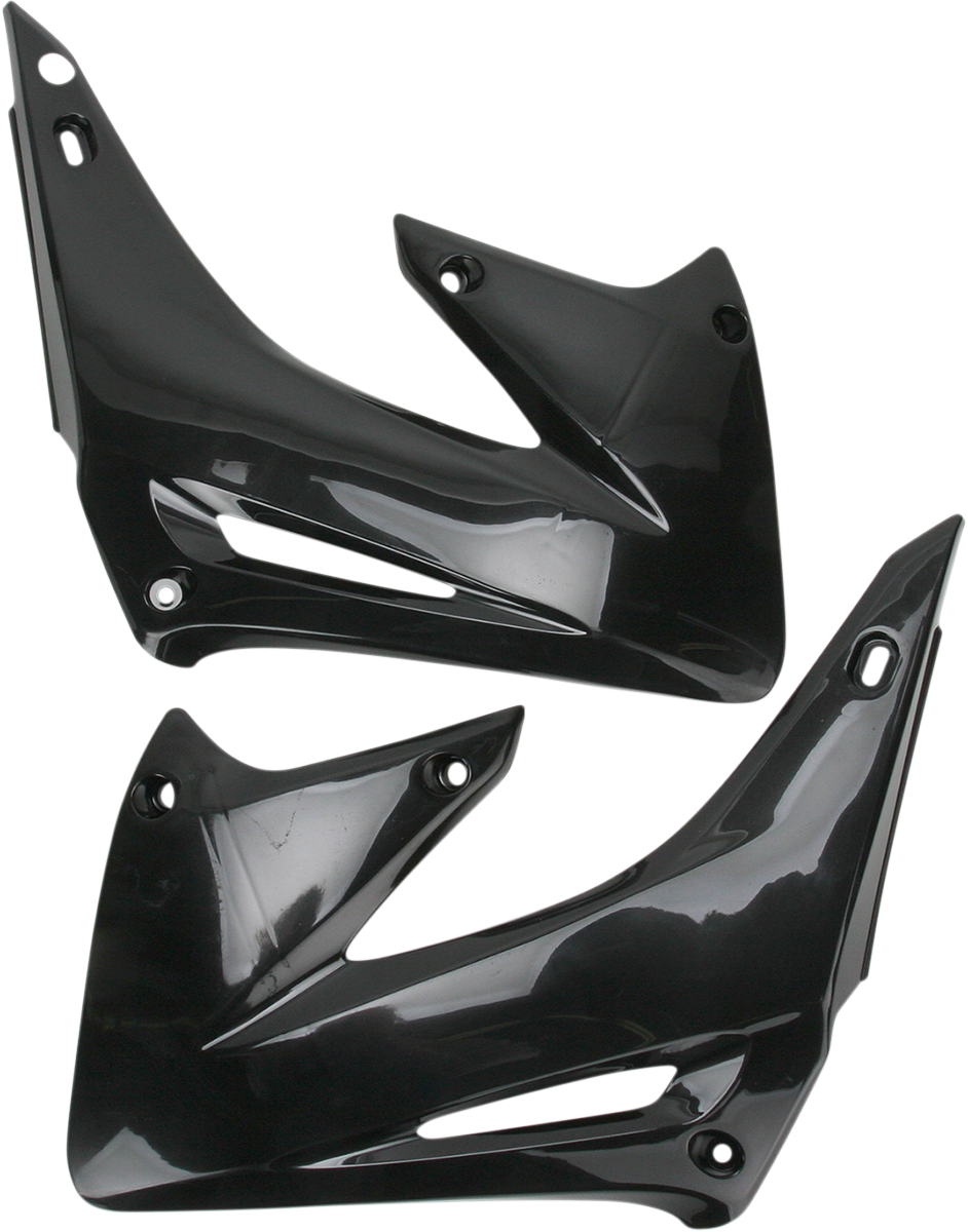 Black ACERBIS radiator shrouds for body protection, designed for off-road motorcycles with durable plastic construction.