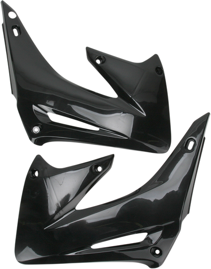 Black ACERBIS radiator shrouds for body protection, designed for off-road motorcycles with durable plastic construction.