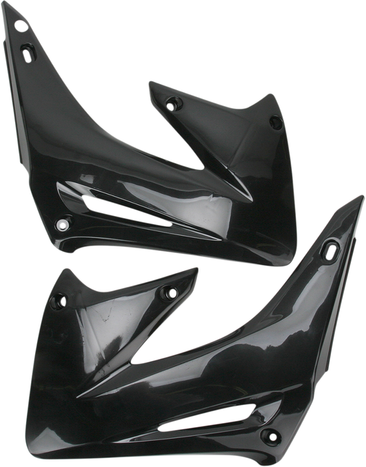 Black ACERBIS radiator shrouds for body protection, designed for off-road motorcycles with durable plastic construction.