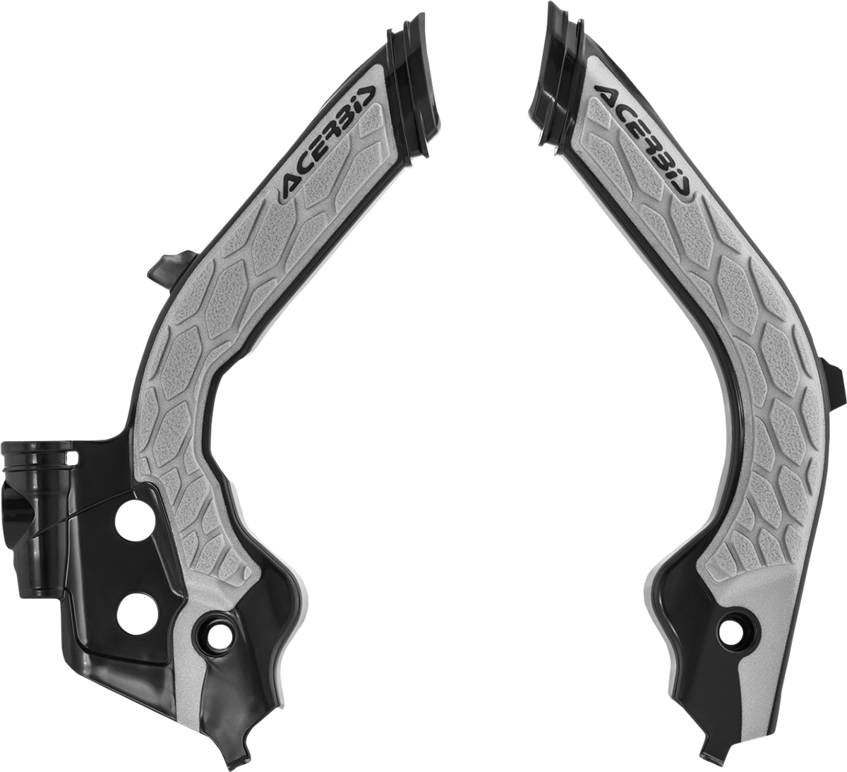A set of ACERBIS X-Grip black and gray frame guards for motorcycle body protection, shown in a close-up view.