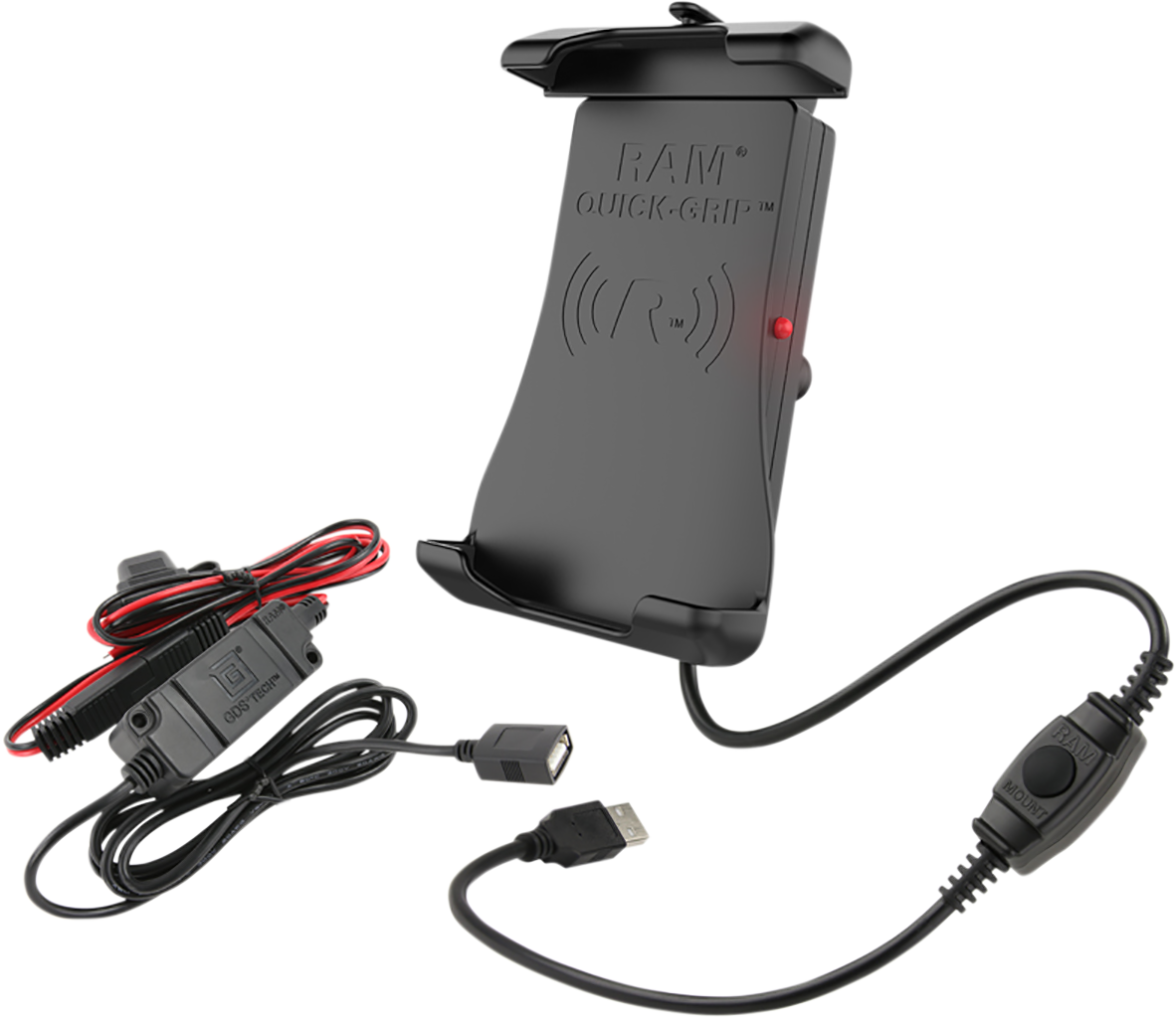 Bill's Exhausts RAM MOUNTS device holder for engines, quick-grip wireless charging, waterproof hardwire charger, rugged design.