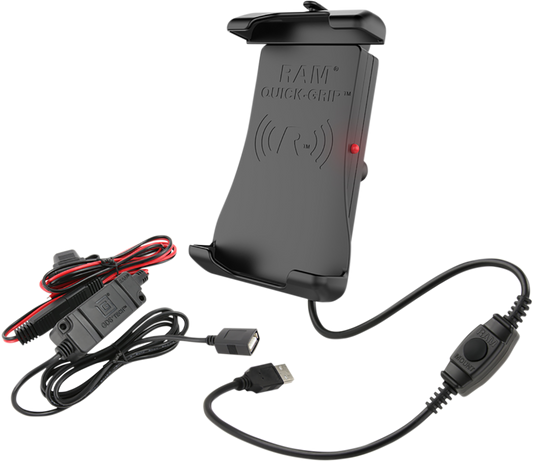 Bill's Exhausts RAM MOUNTS device holder for engines, quick-grip wireless charging, waterproof hardwire charger, rugged design.