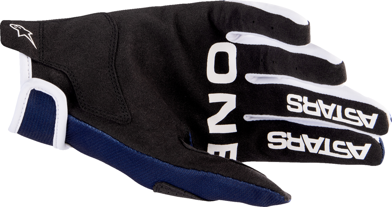 Alpinestars Radar gloves in night navy and white, medium size, featuring protective knuckles and breathable fabric for motorcycle riding.