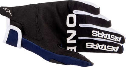 Alpinestars Radar gloves in night navy and white, medium size, featuring protective knuckles and breathable fabric for motorcycle riding.