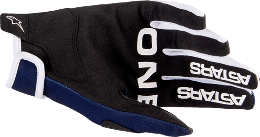 Alpinestars Radar gloves in night navy and white, medium size, featuring protective knuckles and breathable fabric for motorcycle riding.