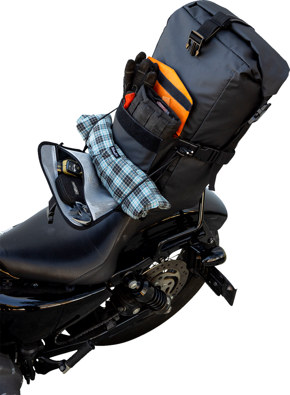 Black Biltwell Exfil-60 Dry Bag Gen 2, waterproof motorcycle bag with secure roll-top closure and adjustable straps.