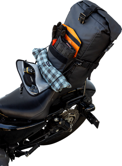 Black Biltwell Exfil-60 Dry Bag Gen 2, waterproof motorcycle bag with secure roll-top closure and adjustable straps.