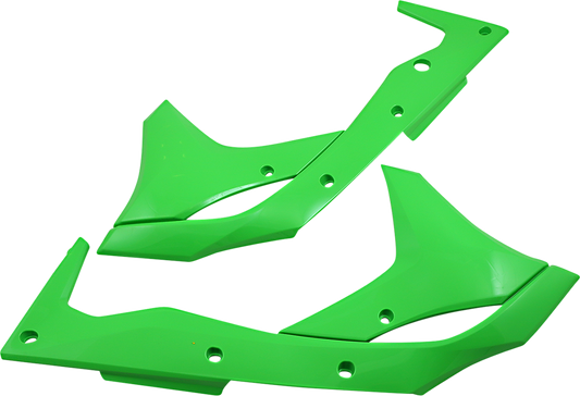 Green ACERBIS radiator shrouds for body protection, featuring the Bill's Exhausts branding on a sleek motorcycle part.