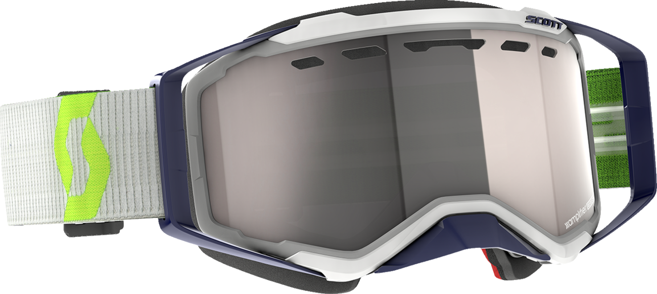 Scott Prospect snow goggles with gray and yellow straps and silver chrome lenses, designed for winter sports and snow protection.