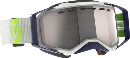 Scott Prospect snow goggles with gray and yellow straps and silver chrome lenses, designed for winter sports and snow protection.