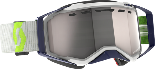 Scott Prospect snow goggles with gray and yellow straps and silver chrome lenses, designed for winter sports and snow protection.