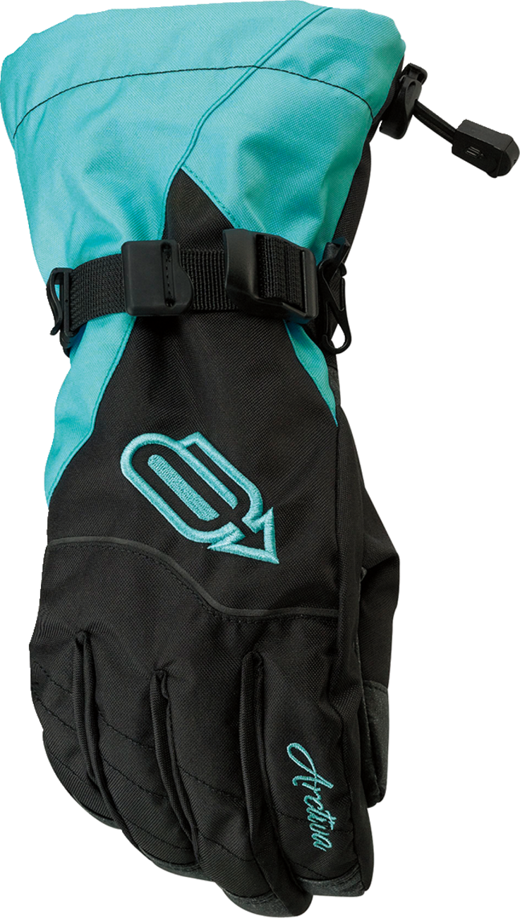 Black and blue ARCTIVA Women's Pivot Gloves by Bill's Exhausts in XS size, showing the gloves' textured fabric and design details.